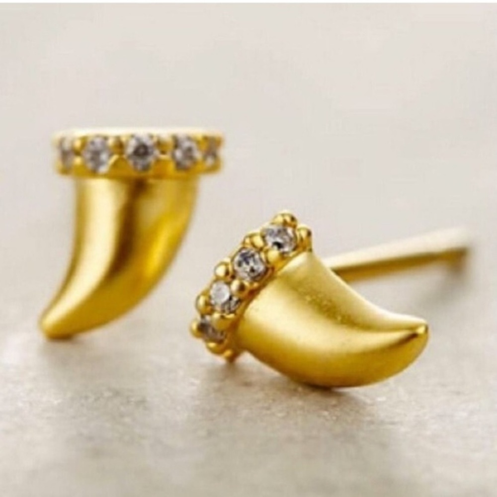 - Anthropologie Gold Rhinestone Horn Earrings dainty studs